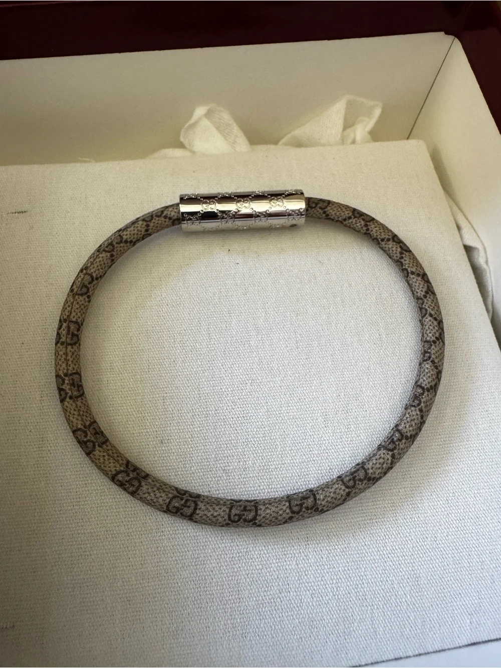 Gucci Burgundy and Silver Logo Bracelet